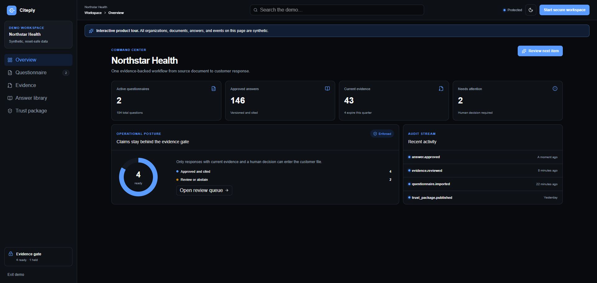 Citeply operations overview with questionnaires, approved answers and current evidence