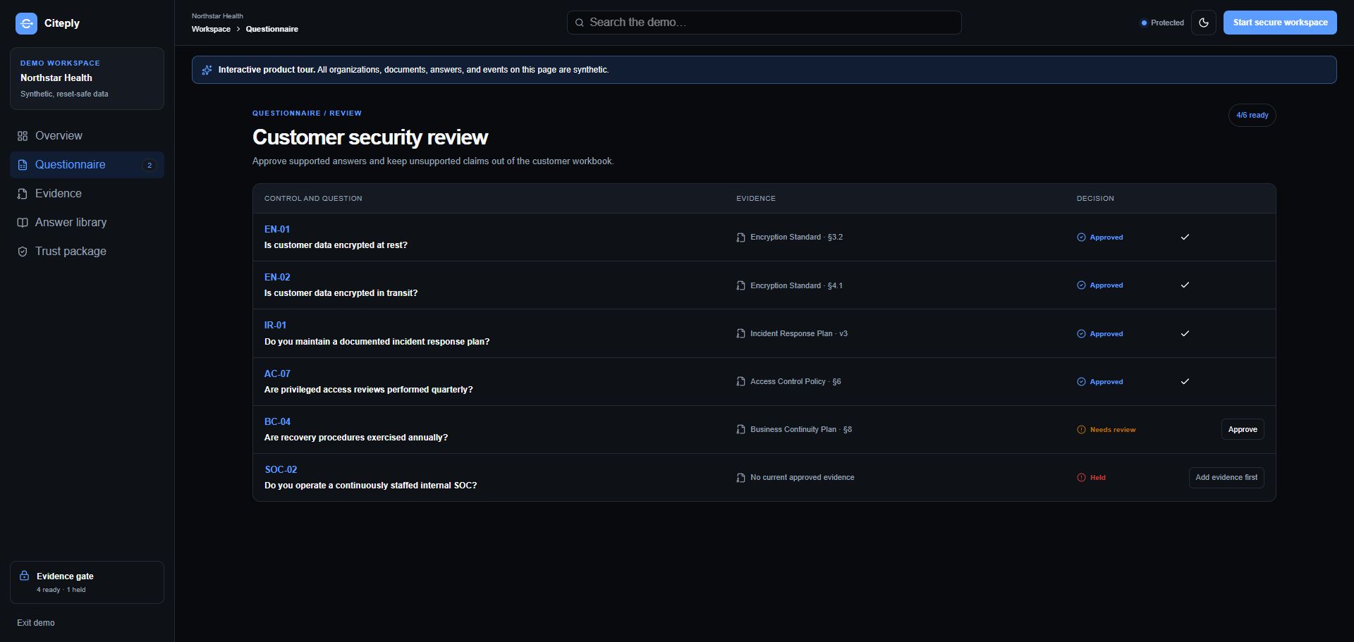 Citeply questionnaire review showing cited answer proposals and review states